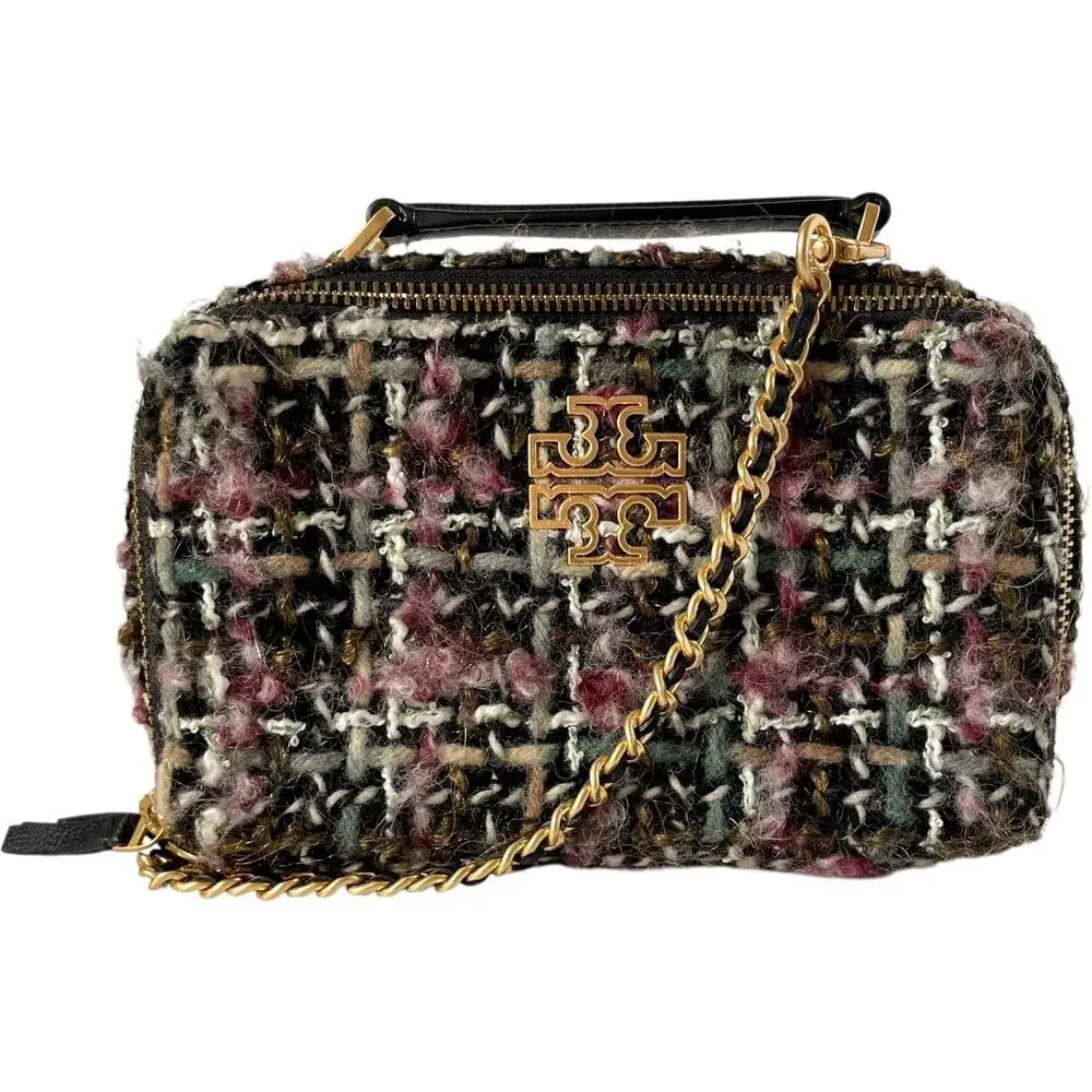 Tory Burch Britten Tweed Small Top Handle Case Bag Crossbody Black Pink